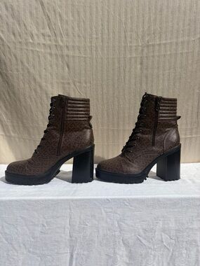 G by Guess Brown Quilted Lace-Up Platform Ankle Boots
